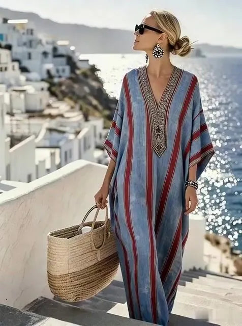 Women'S Casual Color-Block Cotton And Linen Dress