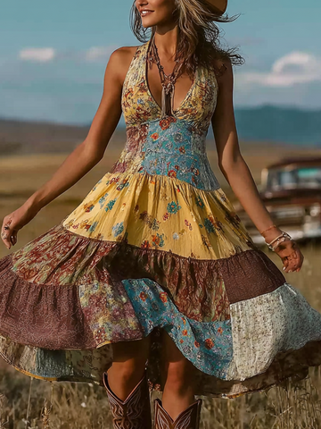 Retro Plant Flower Pattern Color Block Design Dress