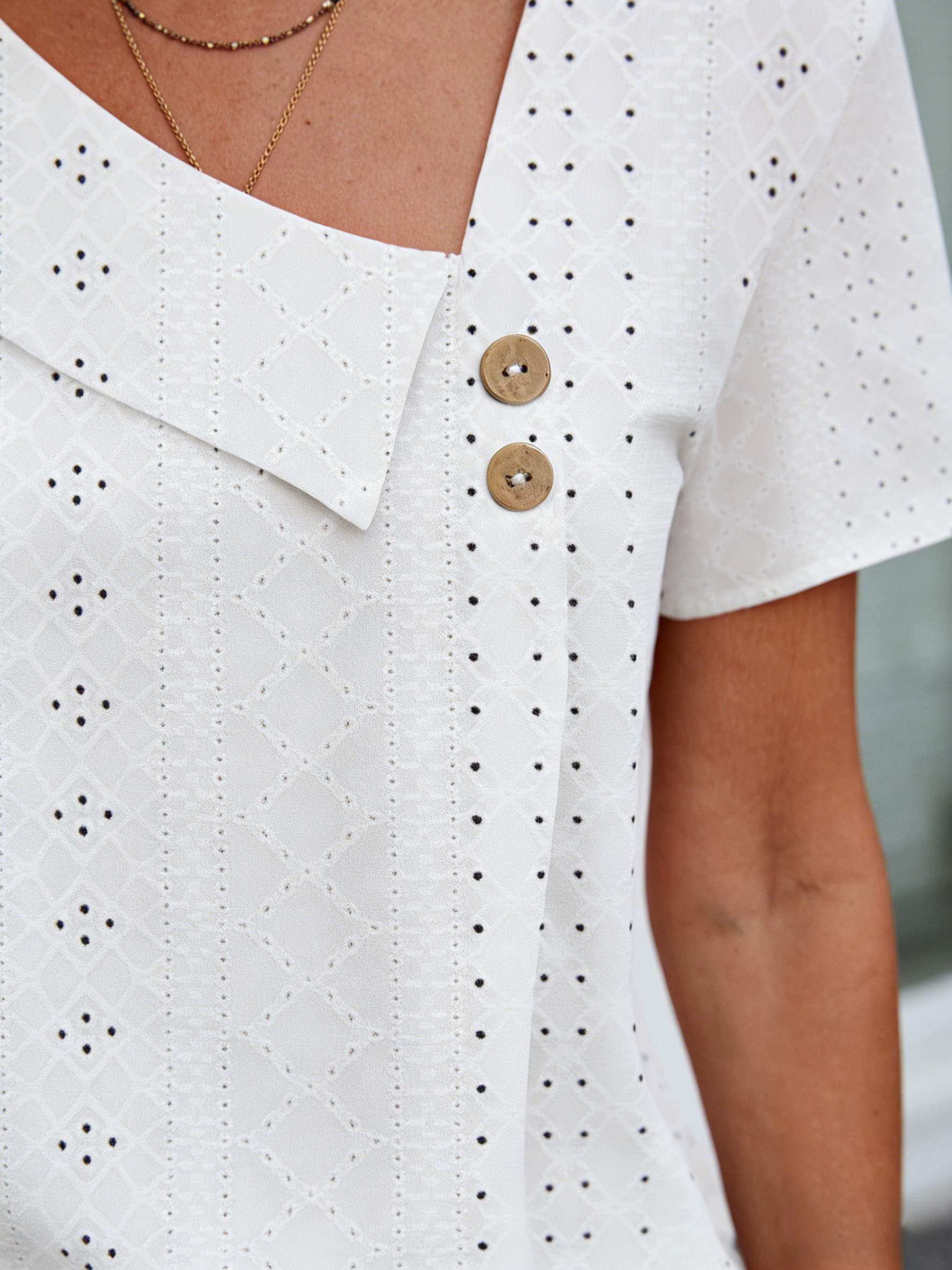 Textured Fabric Collar Button Solid Color Hollow Short Sleeve Women's Top T-Shirt Short