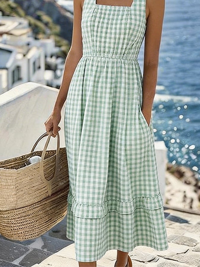 Women's Casual Square Neck Plaid Vacation Camisole Dress