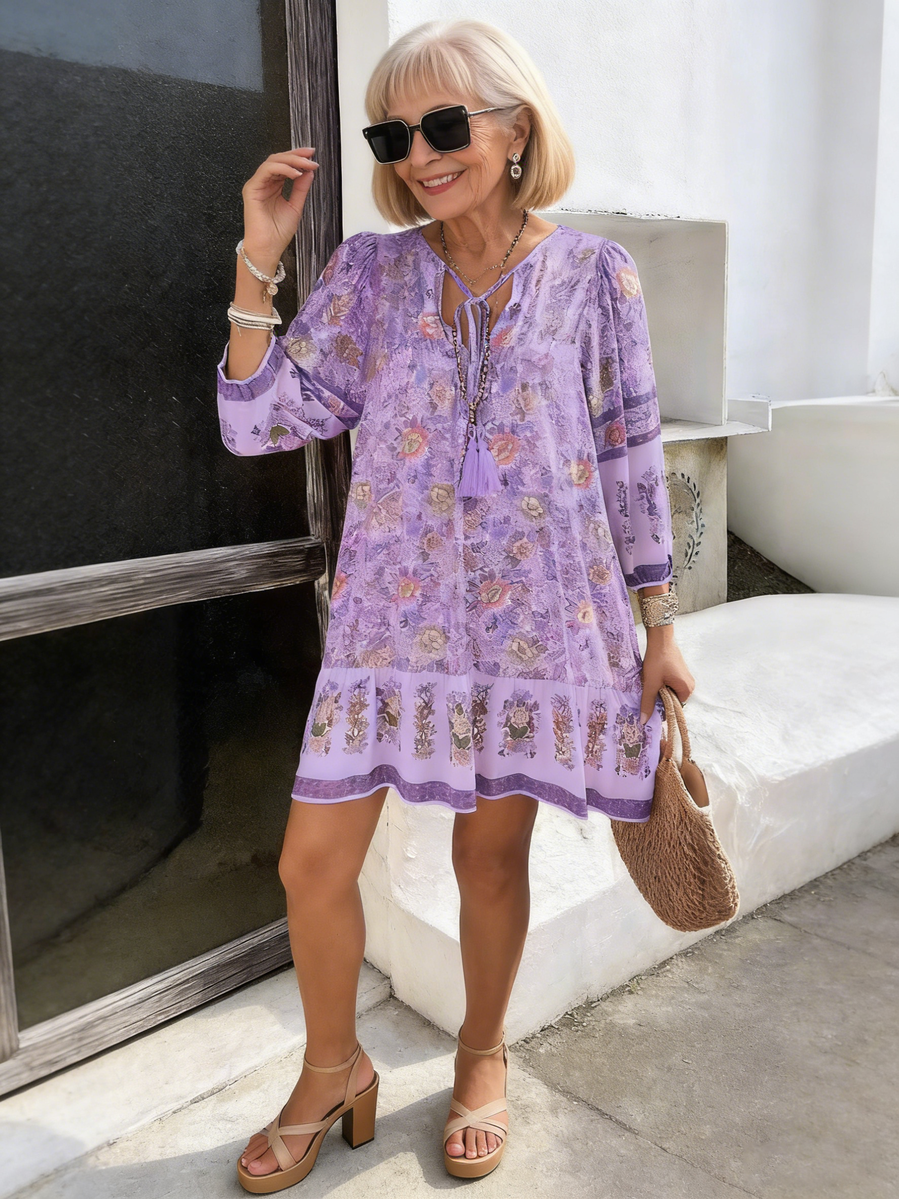 Vacation Dress Printed Shirt Casual Bohemian Vacation V-Neck Dress