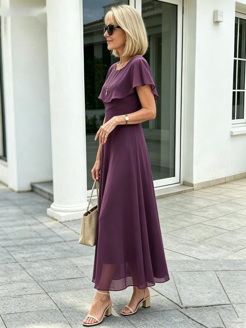 Black Ruffle Cape Sleeve Chiffon Maxi Dress, Round Neck Waist Defined Flowy Big Swing Hem Elegant Formal Dress