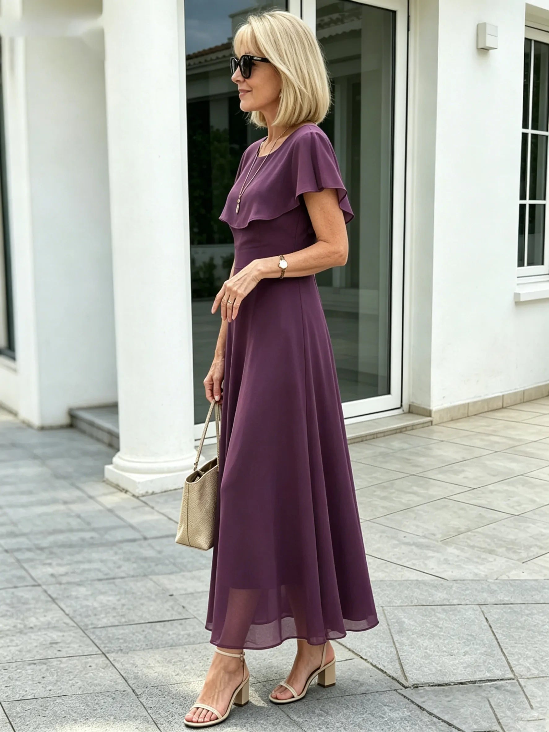 Black Ruffle Cape Sleeve Chiffon Maxi Dress, Round Neck Waist Defined Flowy Big Swing Hem Elegant Formal Dress