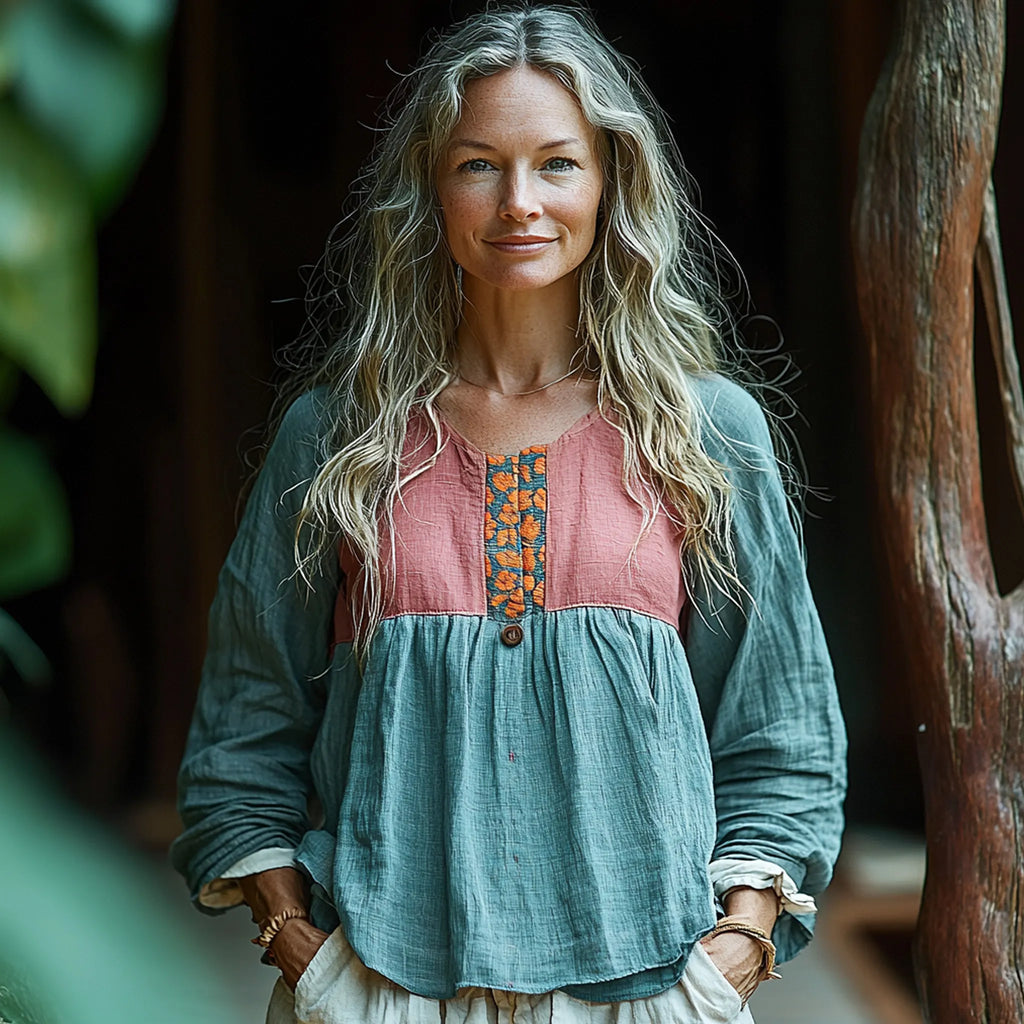 Women's Linen Contrast Panel Bohemian Shirt