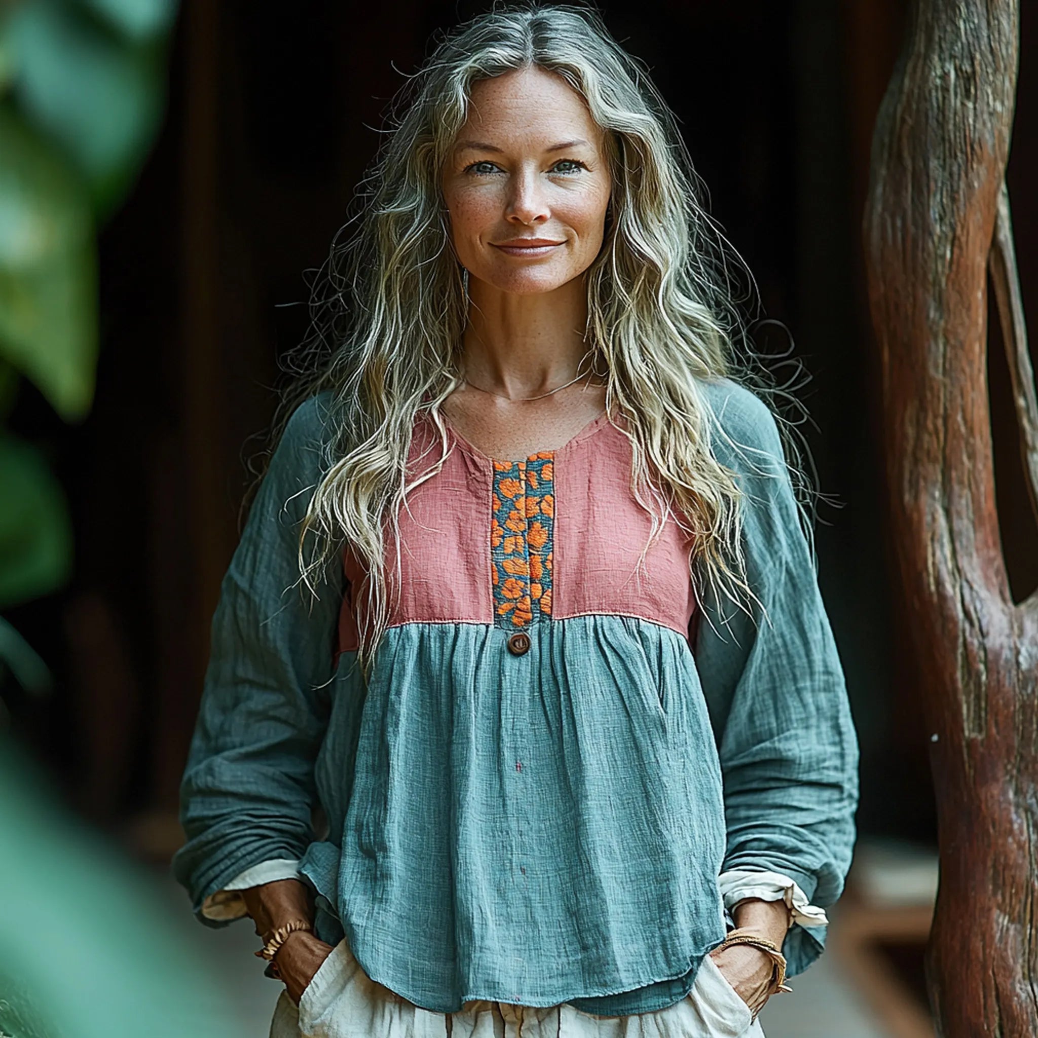 Women's Linen Contrast Panel Bohemian Shirt