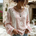Vintage White Floral Art & Lace Art Pink & White Striped Cotton Linen Loose Round Neck Long Sleeve Top