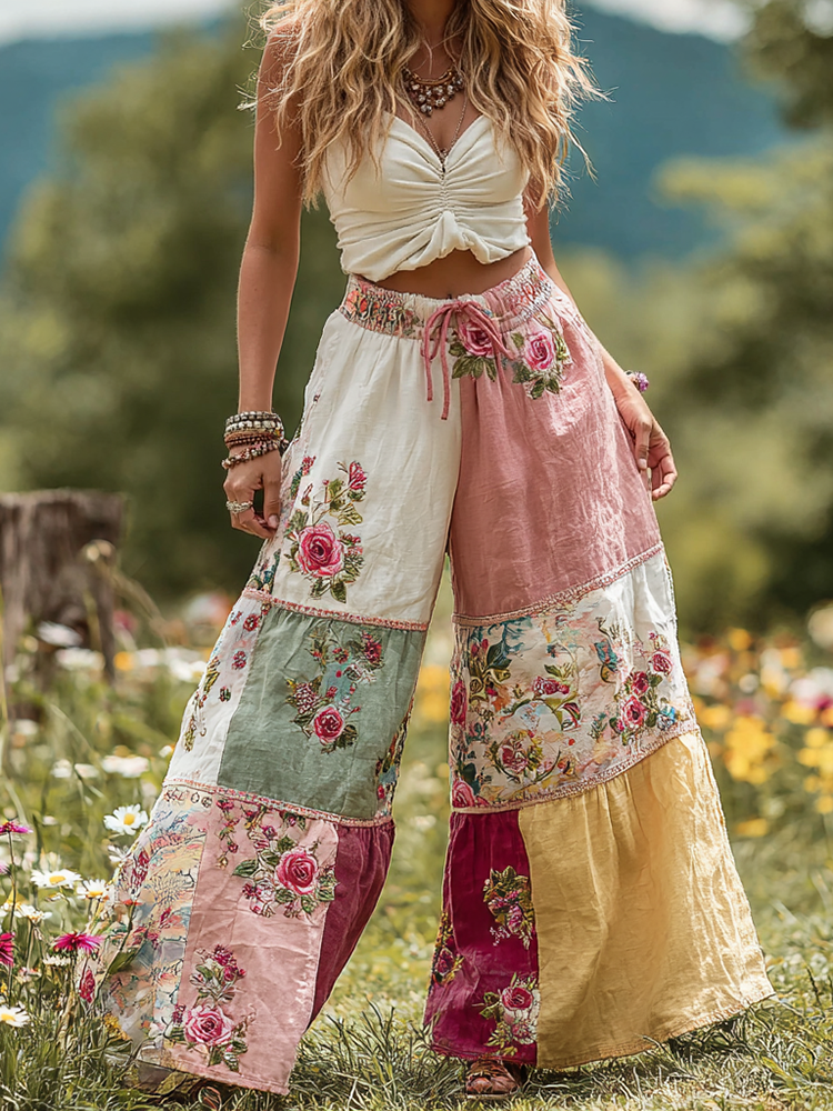 Women's Vintage Floral Patch Linen Casual Wide Leg Pants