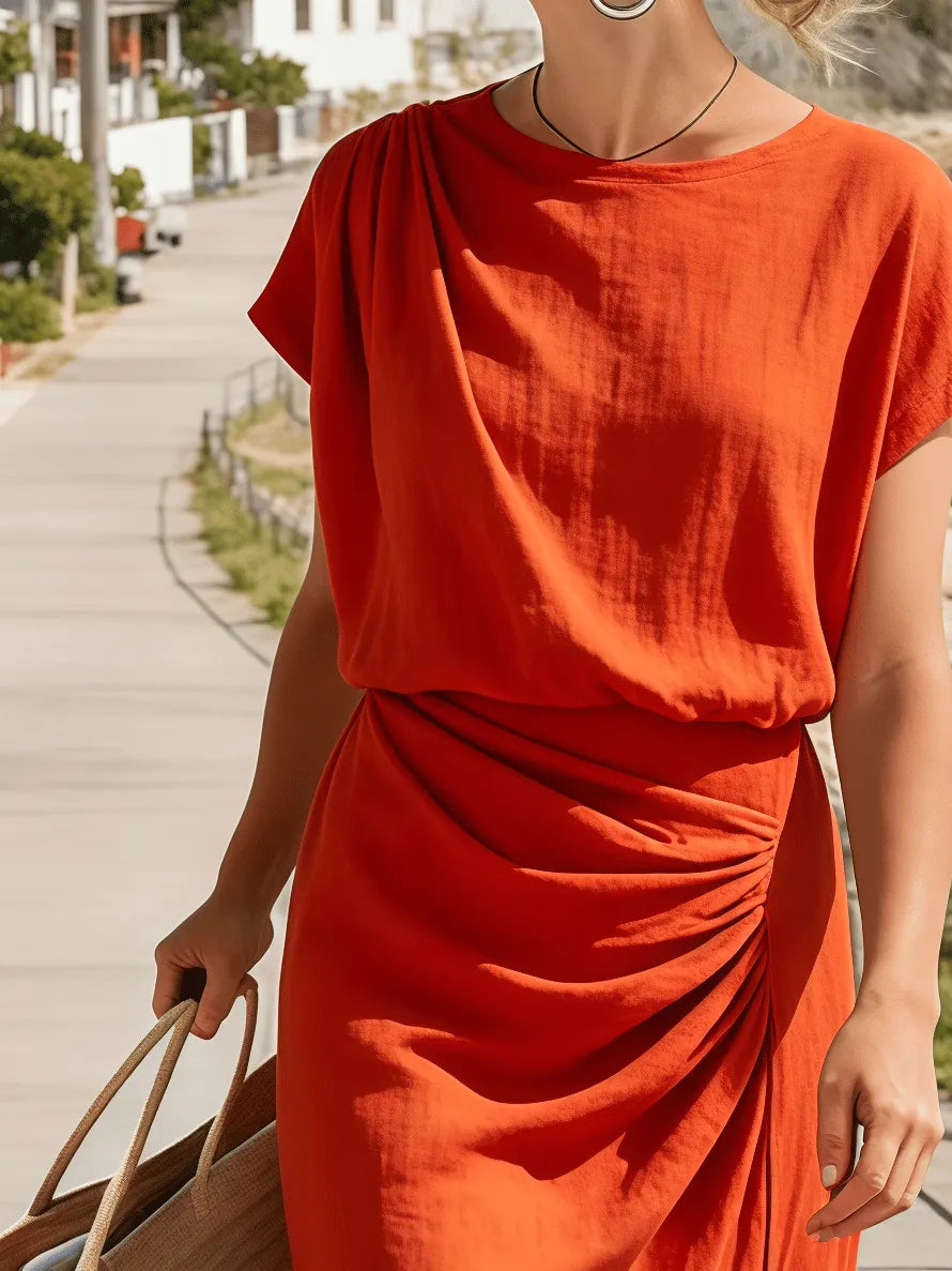 Women's Round Neck, Casual, Loose-Fitting, Pleated Short-Sleeved Dress