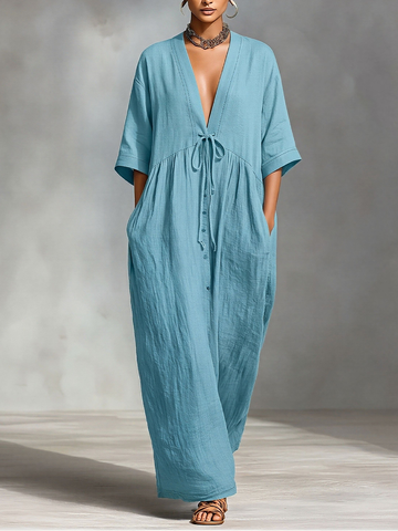 Women's Dusty Blue Linen-Blend Maxi Dress With V-Neck & Waist Tie, Timeless Boho-Resort Style Dress MDZ2100D6LYL