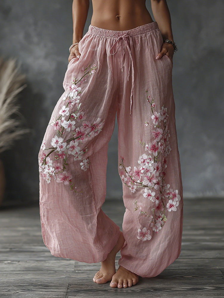 Women's Japanese Floral Pattern Linen Pants