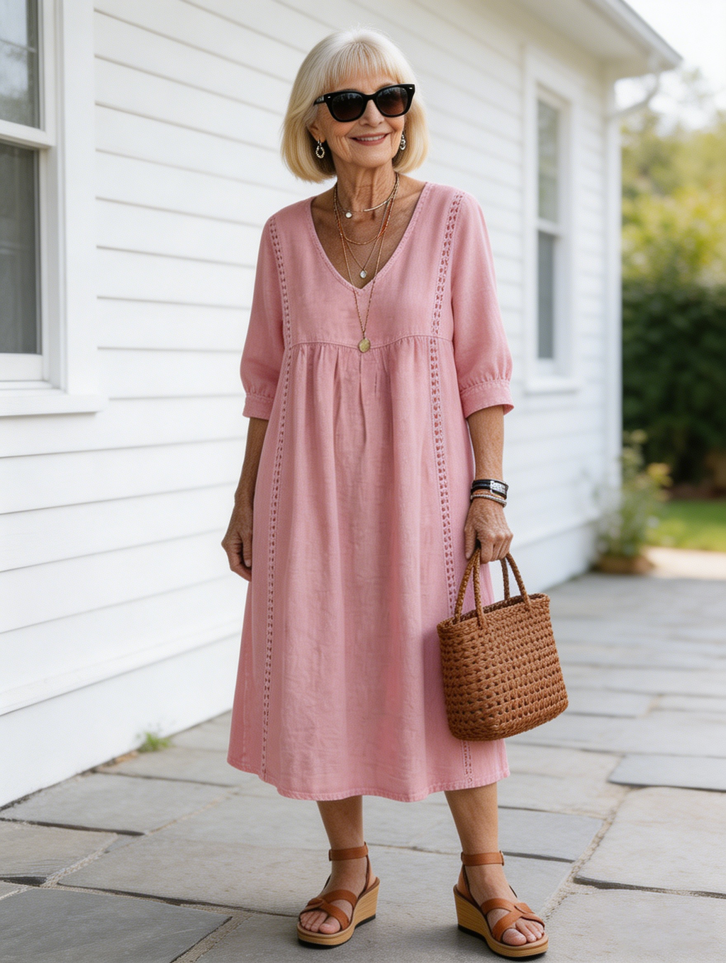 Casual Loose V-neck Splicing Lace Edge Linen Cotton Dress