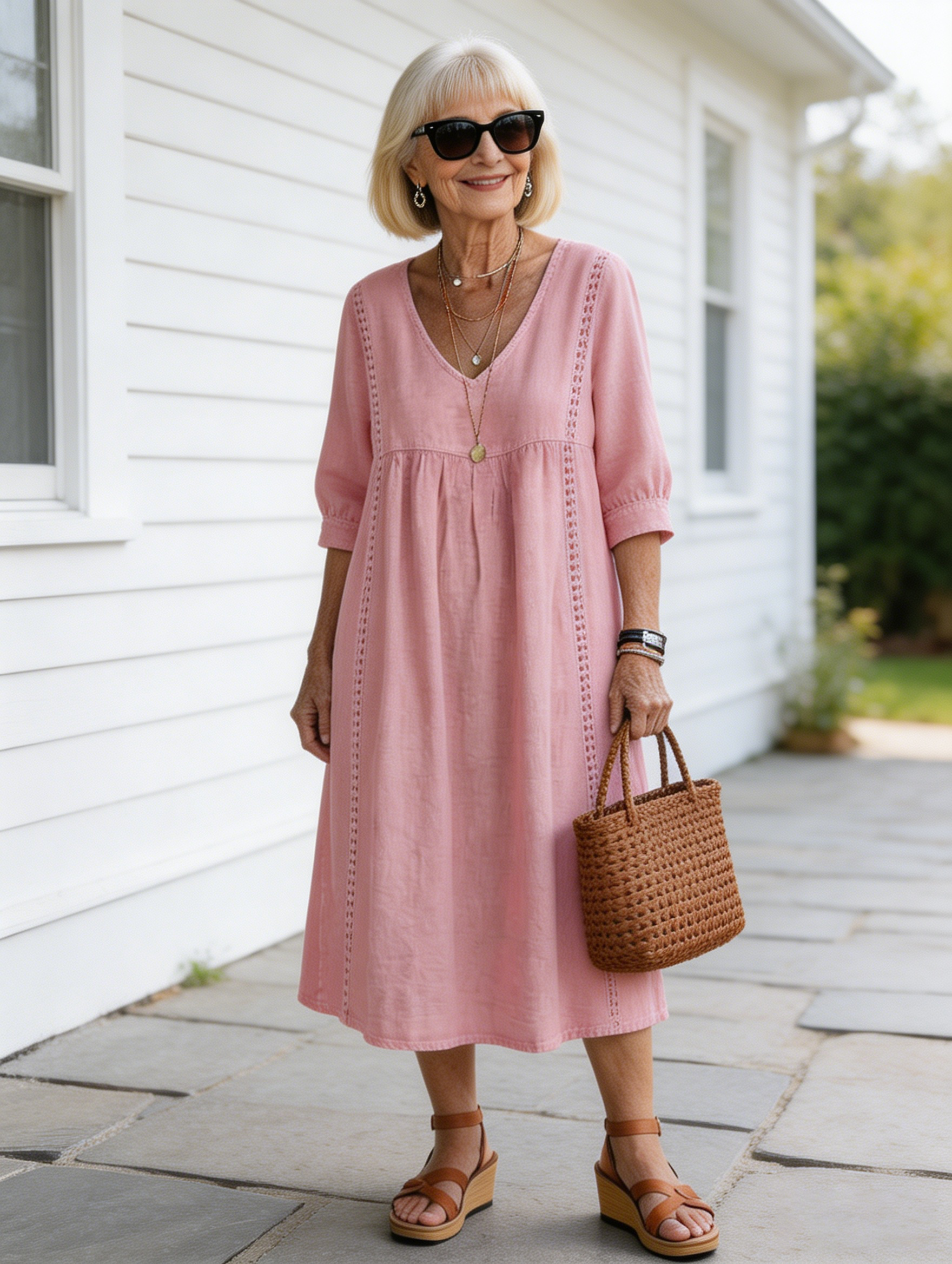 Casual Loose V-neck Splicing Lace Edge Linen Cotton Dress