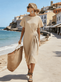 Women's Round Neck, Pleated, Loose-Fitting Short-Sleeved Dress