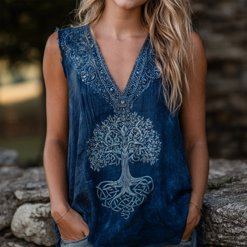 Vintage Celtic Tree Of Life Indigo Batik Art Linen Tank
