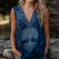 Vintage Celtic Tree Of Life Indigo Batik Art Linen Tank
