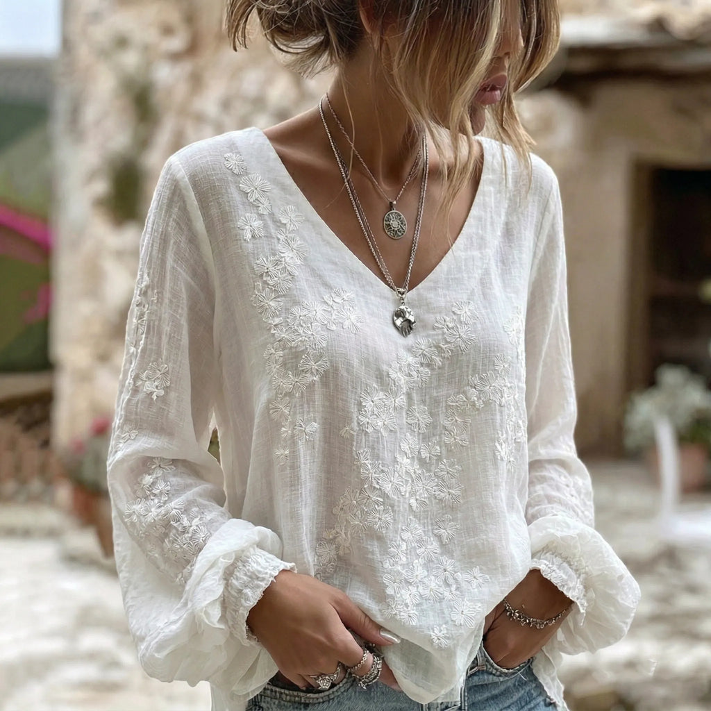 Women's Japanese Floral Art Print V Neck Long Sleeve T-shirt