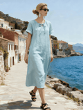 Women's Round Neck, Tie-Waist, Casual Short-Sleeved Dress