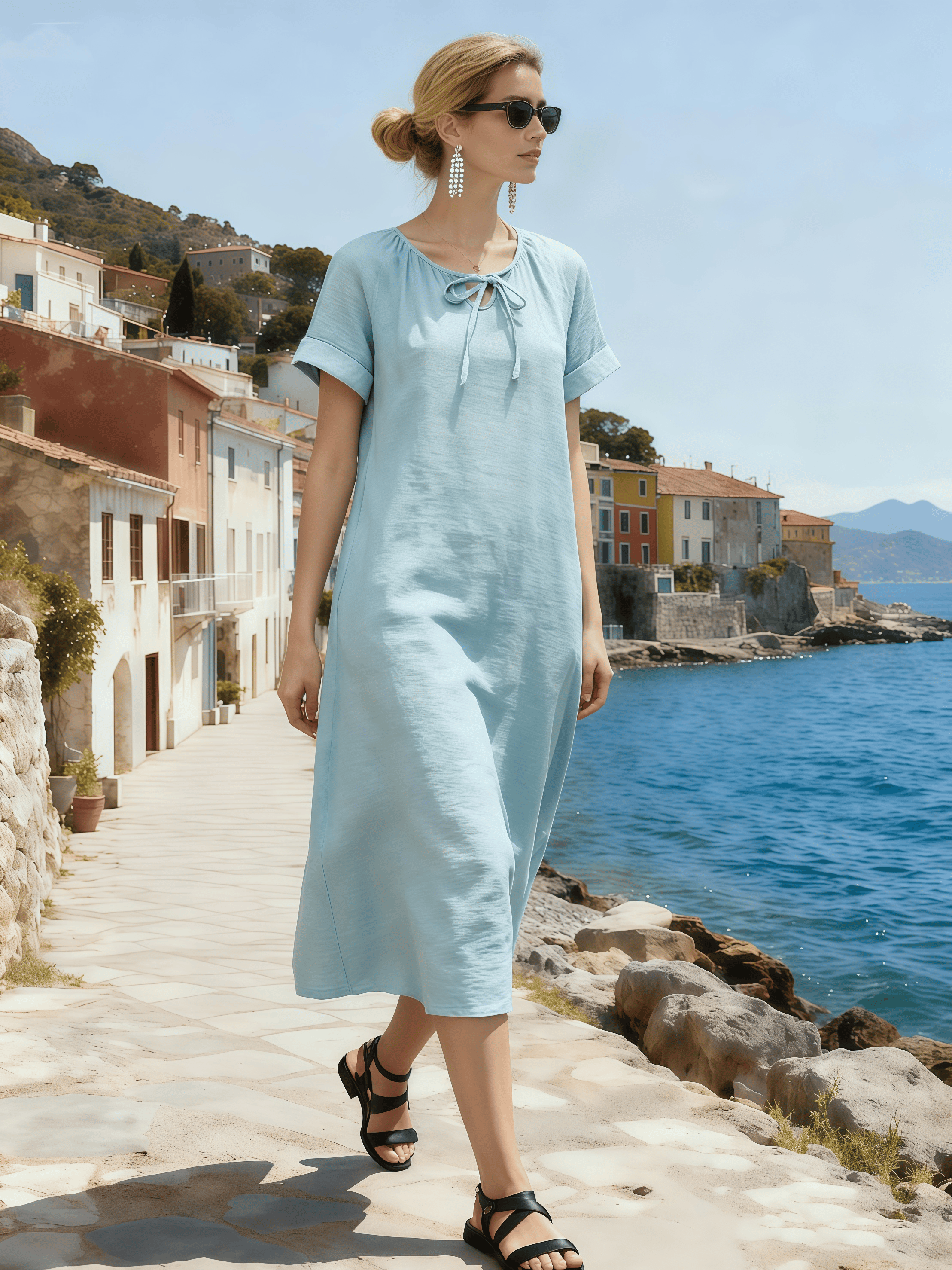 Women's Round Neck, Tie-Waist, Casual Short-Sleeved Dress