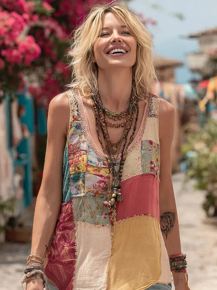 Women Vintage Floral Geometry Art  Linen V Neck Tank Top
