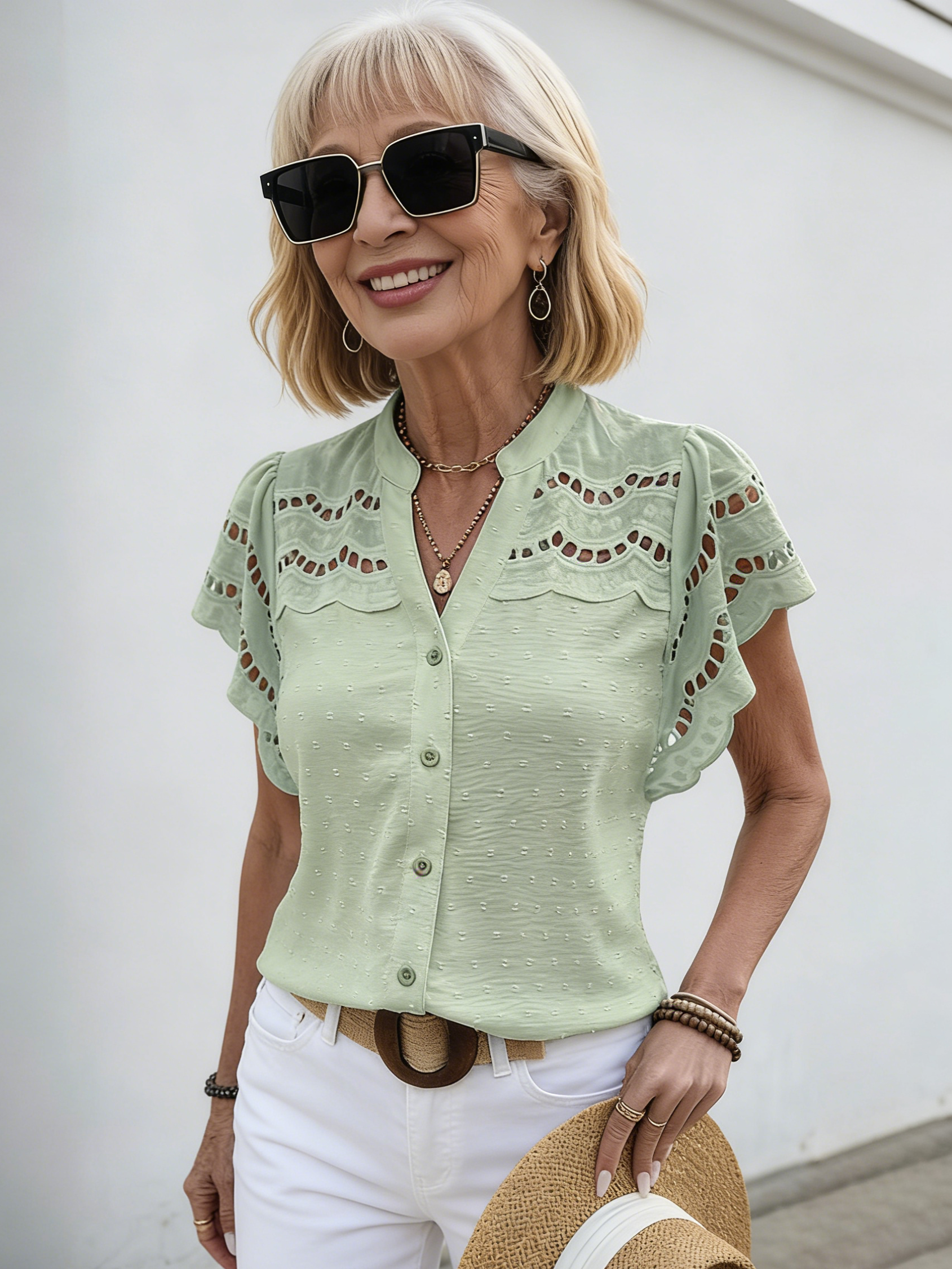 Textured Fabric Lace Splicing Lotus Leaf Sleeve Top Women's Textured Small Stand-Up Neck Cardigan Shirt
