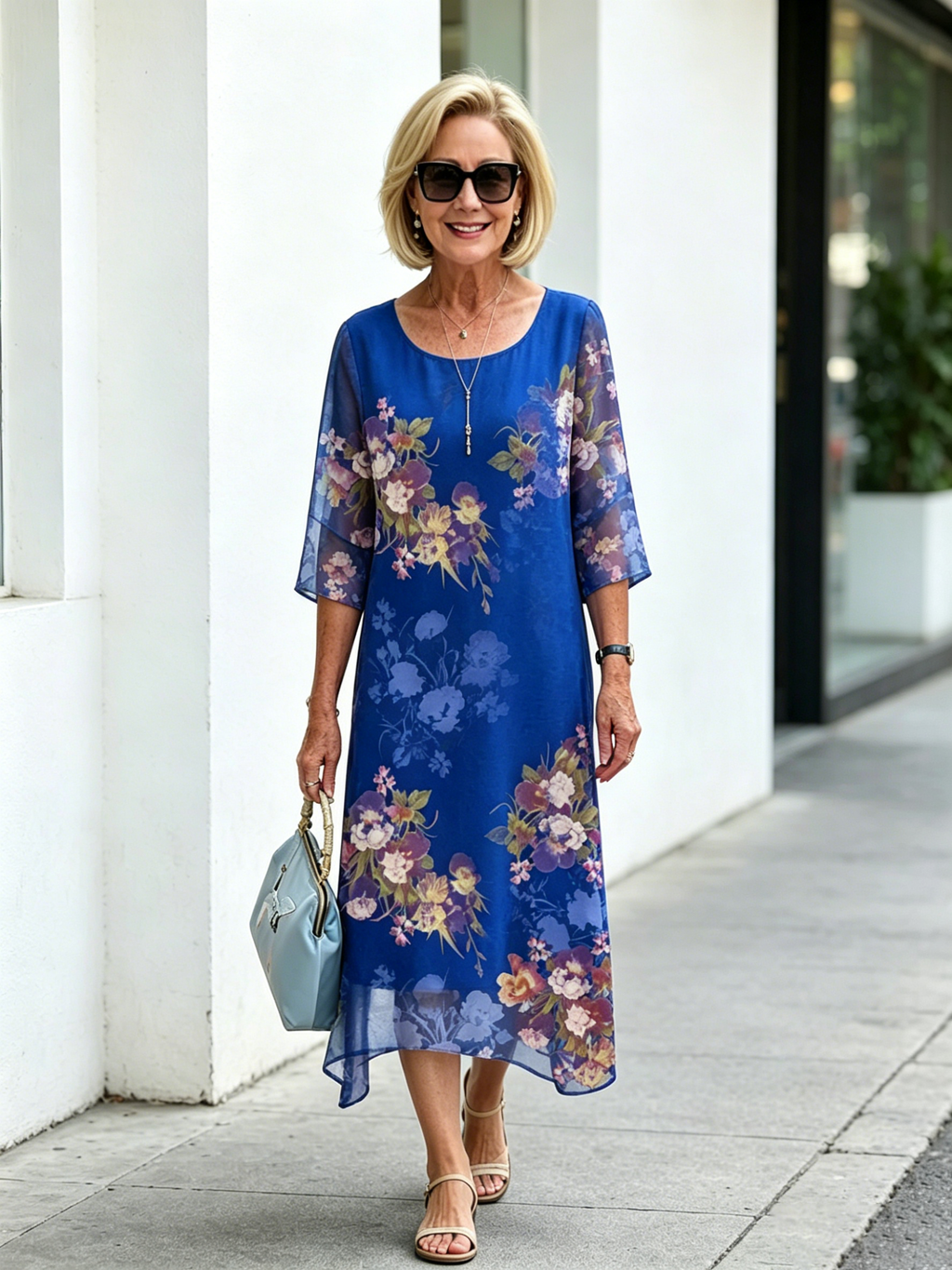 Blue Floral Print Mesh Layered Midi Dress, Round Neck 3/4 Sleeve Loose Tummy Concealing Mother Dress for Mature Women