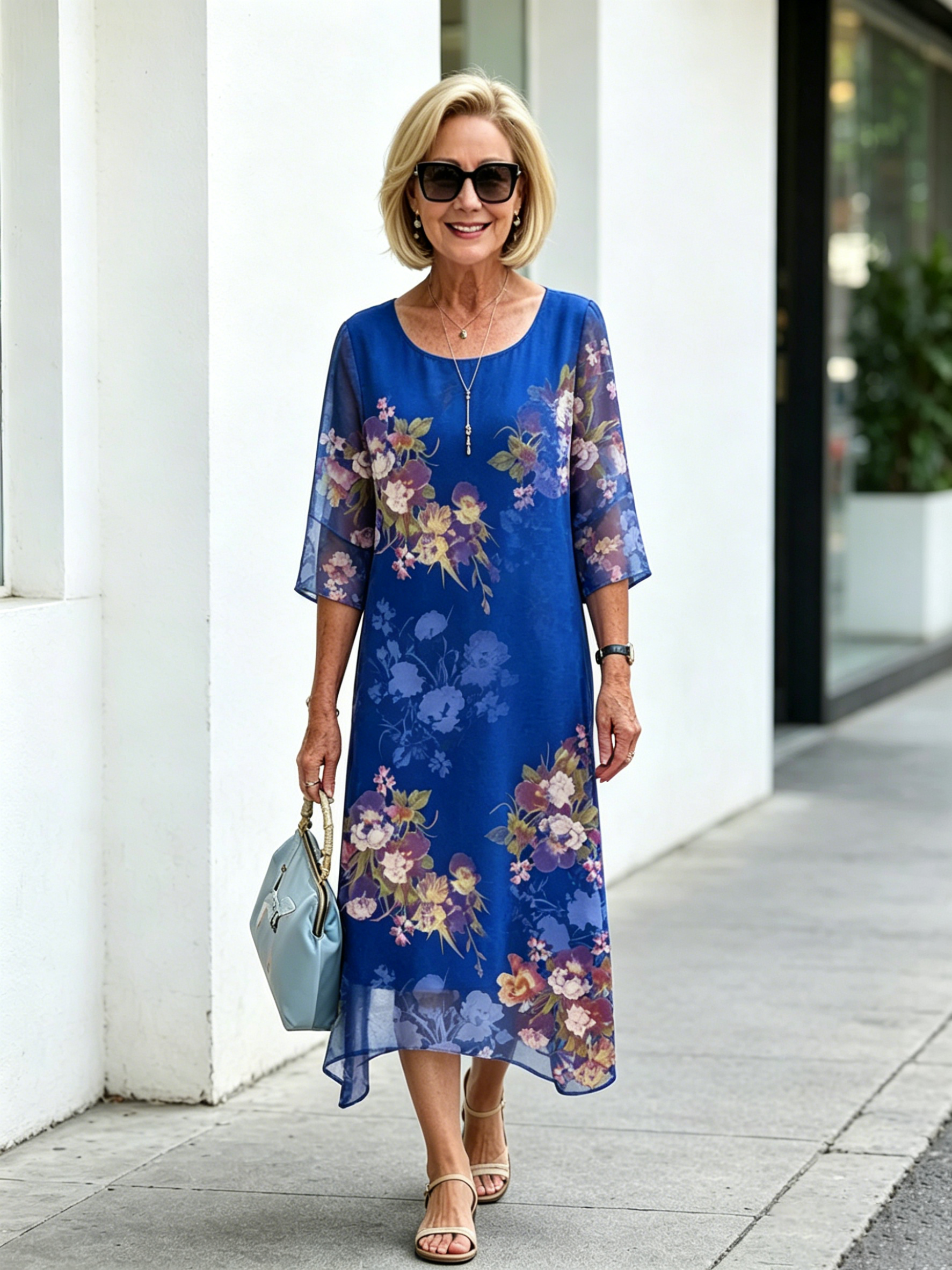 Blue Floral Print Mesh Layered Midi Dress, Round Neck 3/4 Sleeve Loose Tummy Concealing Mother Dress for Mature Women