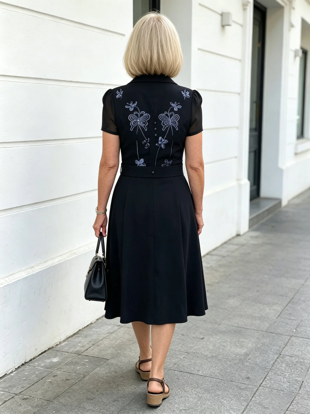 Brown Collared Sequin Embellished A-Line Midi Dress, Belted Waist Short Sleeve Elegant Dress for Mature Plus Size Women