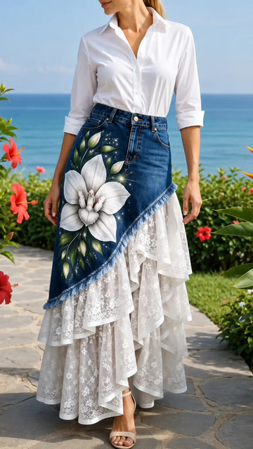 Denim Lace Overlay Maxi Skirt