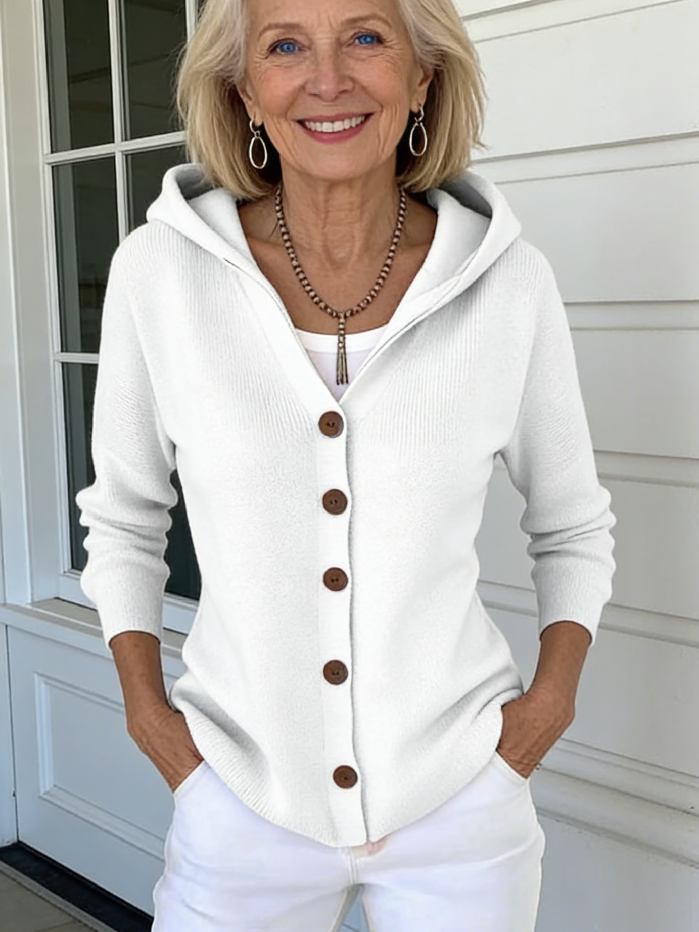 Button Knitted Hooded Sweater Cardigan Jacket Solid Color Casual Fashion Women's Clothing