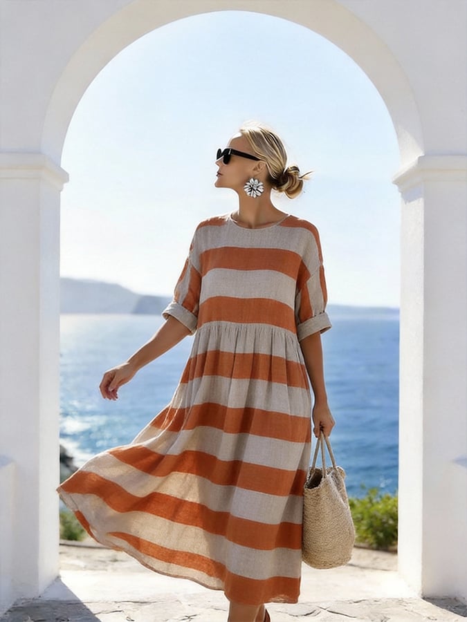 Women'S Casual Round-Neck Striped Vacation Dress