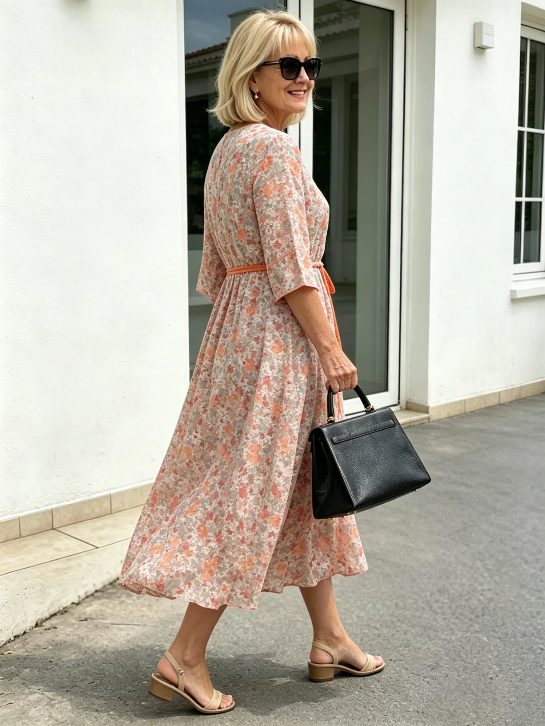 Peach Floral Chiffon Midi Dress, Round Neck 3/4 Sleeve Drawstring Waist Loose Flowy Knee-Length Dress