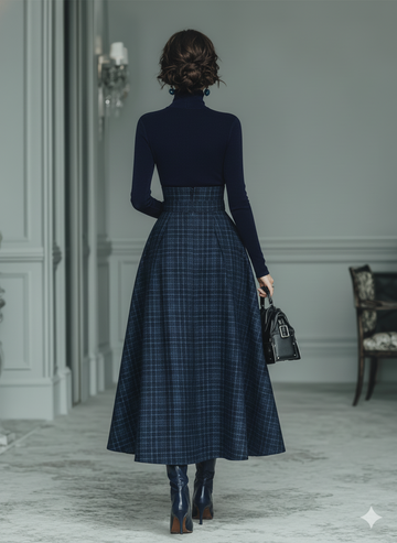 Women’s Navy Plaid High-Waisted Belted Pleated A-Line Midi Skirt MDA2668K7T