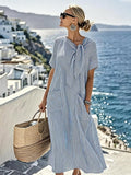 Women'S Casual Color-Block Cotton And Linen Dress