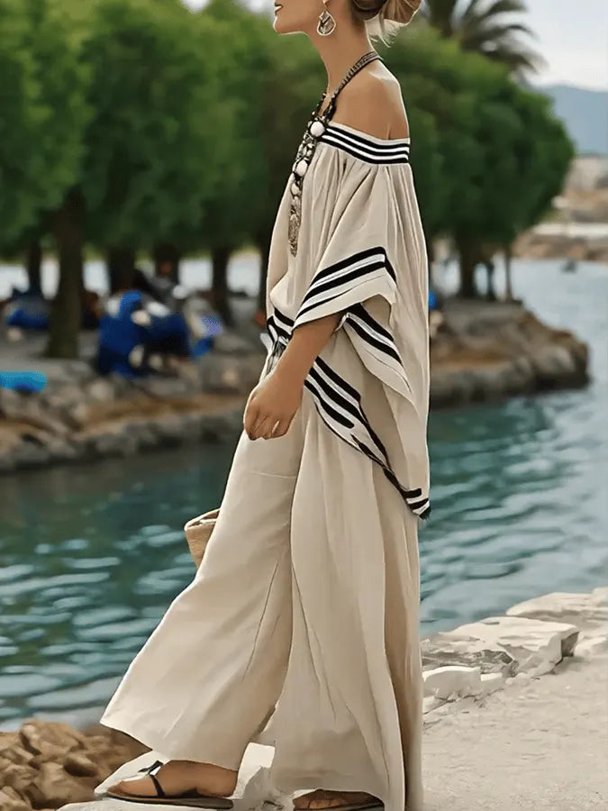 Women'S Loose Casual Striped One-Shoulder Irregular Top And Pants Set