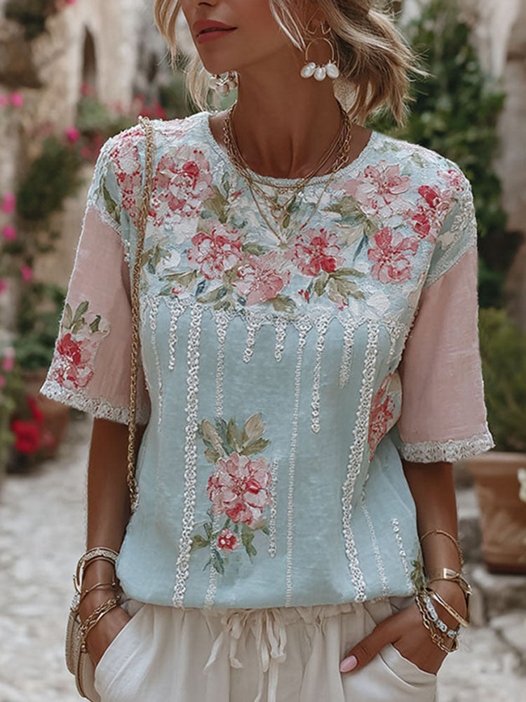 Women's Oil Painting Style Floral Lace Embroidery Casual Cotton Linen T-shirt