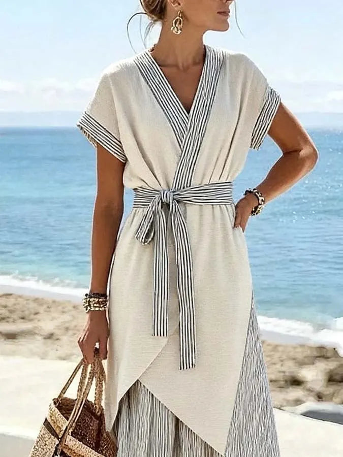 WOMEN'S CASUAL CONTRASTING STRIPED HALF SKIRT DRESS TWO-PIECE SET