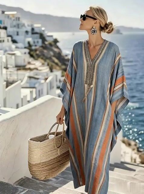 Women'S Casual Color-Block Cotton And Linen Dress