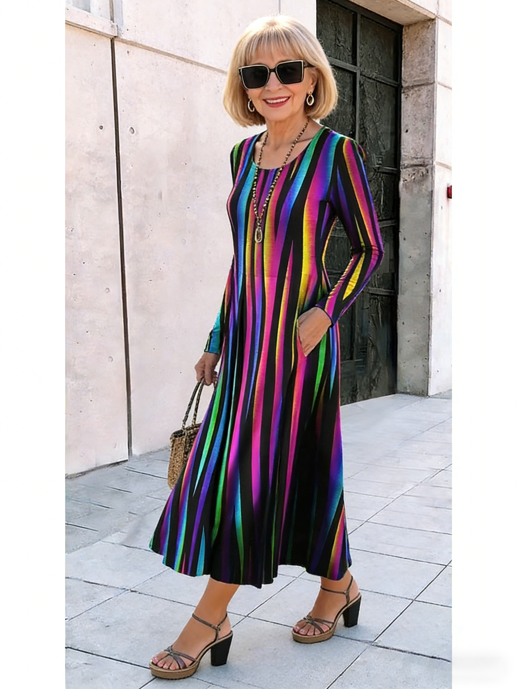 Crew Neck Long Sleeve Loose Geometric Pattern Printed Pendulum Dress