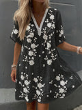 Women's Vintage Floral Print V-neck Short-sleeve Linen Dress