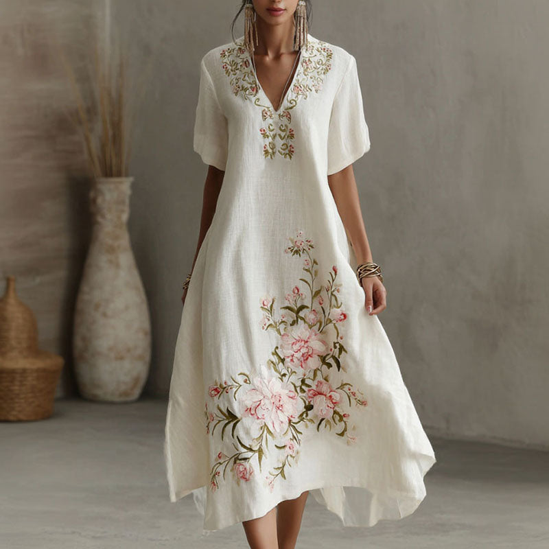Women's Floral Art Print Linen Blend Casual Dress