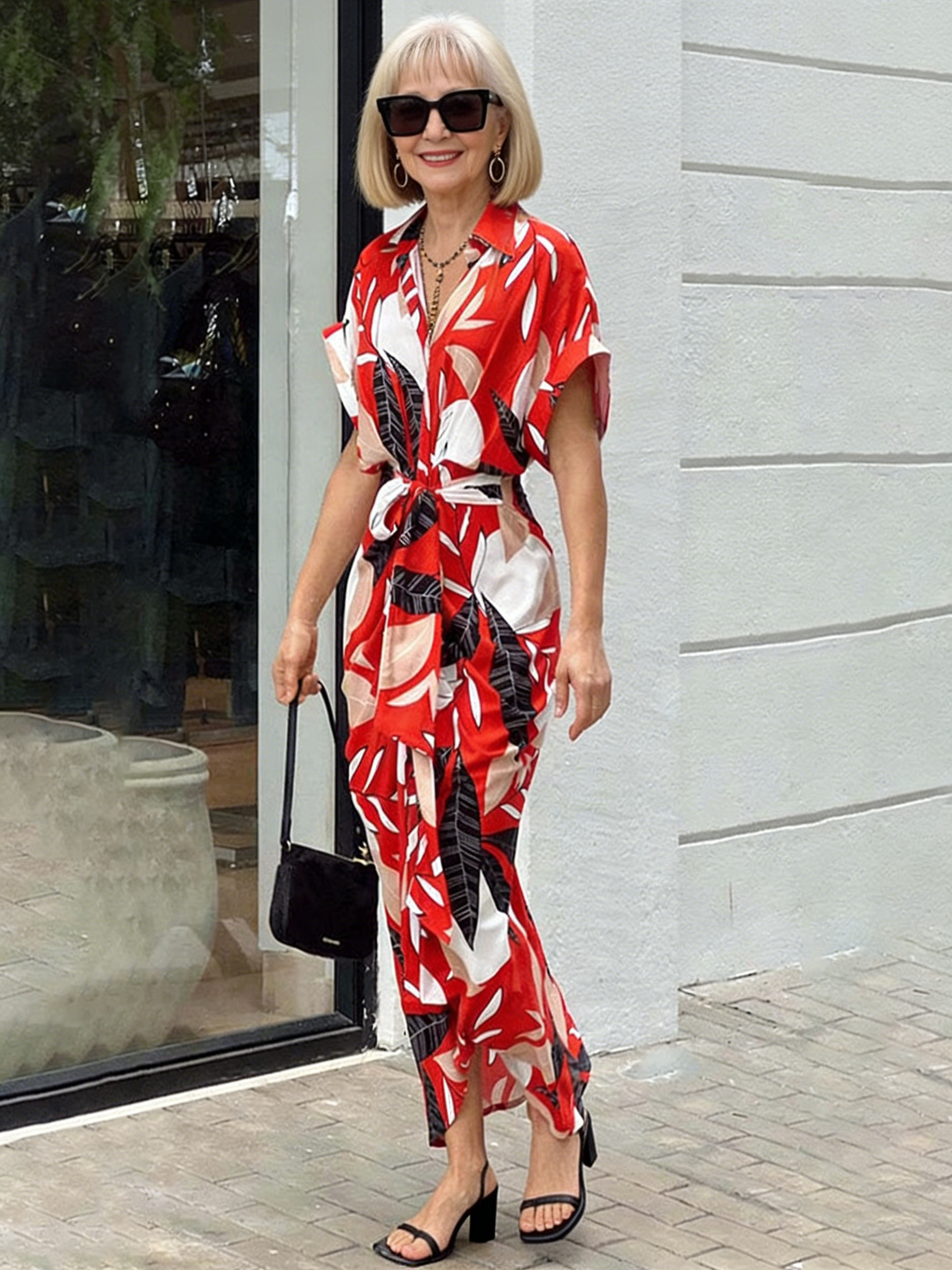 Waist Short Sleeve Single-breasted Solid Color Shirt Dress Women
