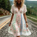 Women's Pink Rose Art Embroidery Striped Textured Cotton Linen V-neck Short Sleeve Playful Dress