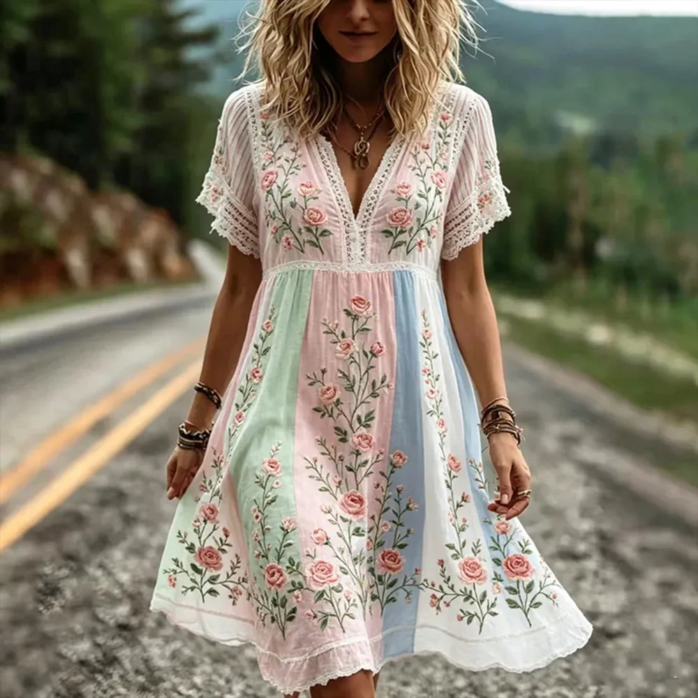Women's Pink Rose Art Embroidery Striped Textured Cotton Linen V-neck Short Sleeve Playful Dress