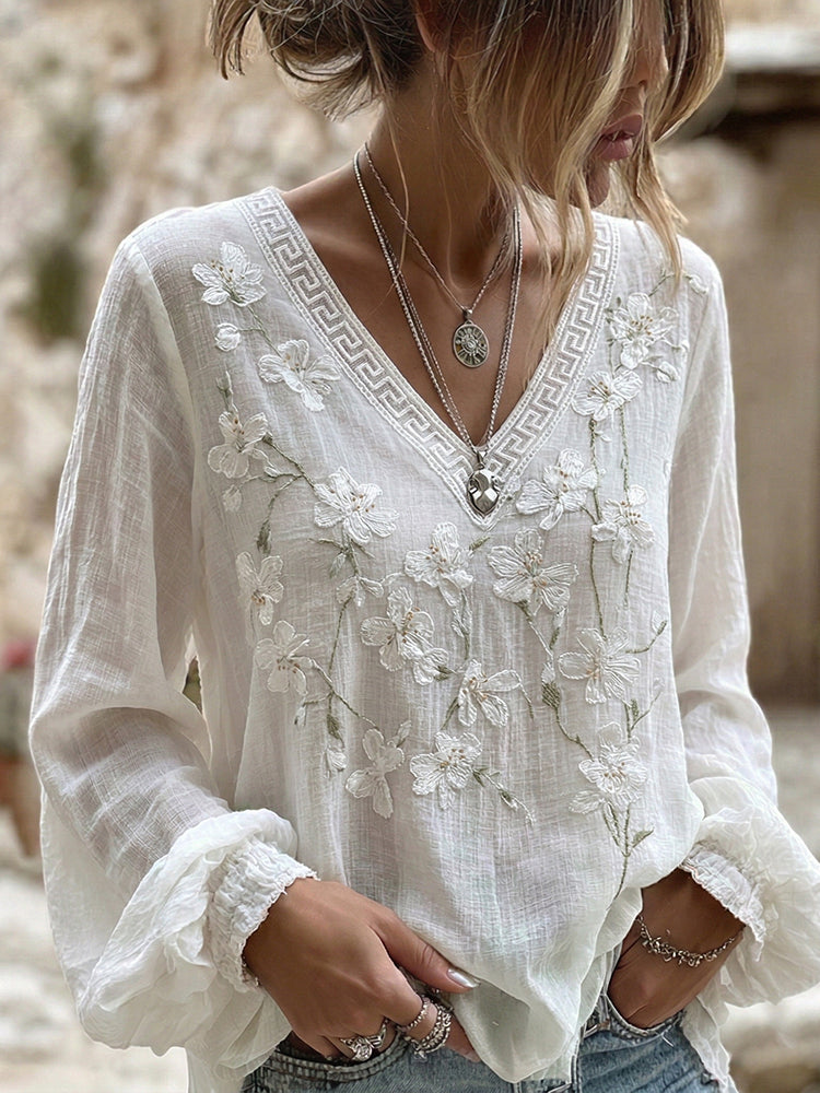 Women's Japanese Floral Art Print V Neck Long Sleeve Linen Blend T-shirt