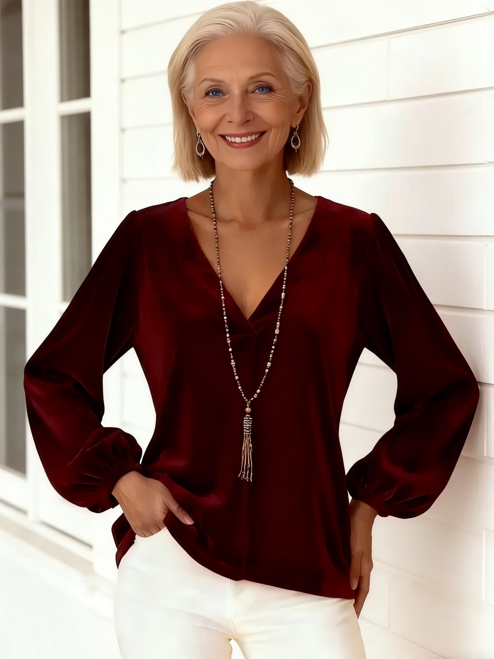 Golden Velvet V-Neck Temperament Light Luxury Lantern Sleeve T-Shirt Women's Top