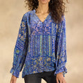 Women's Vintage Button Loose Bubble Sleeves Floral Embroidered Blue Top Shirt