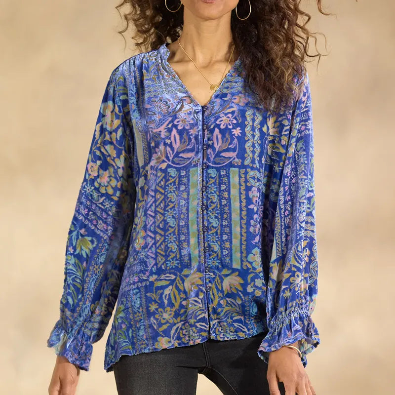 Women's Vintage Button Loose Bubble Sleeves Floral Embroidered Blue Top Shirt