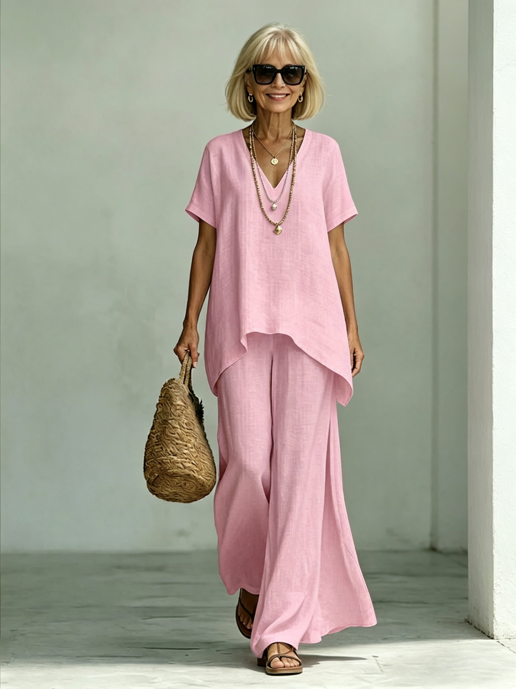 Cotton and Linen V-neck Short-sleeved Fashion Loose Top Wide-leg Pants Set