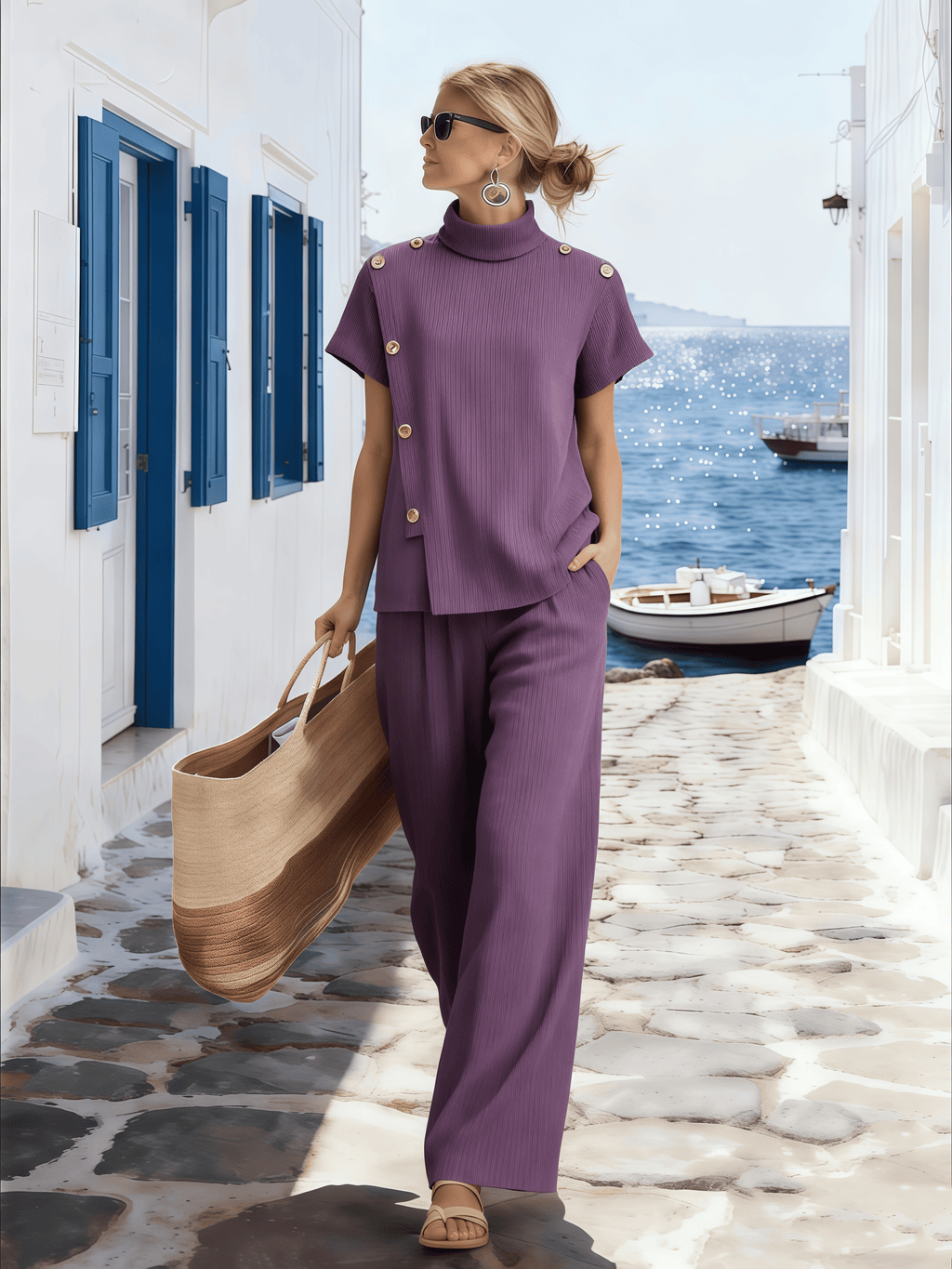 Women's Round Neck Button-Up Short-Sleeved Suit