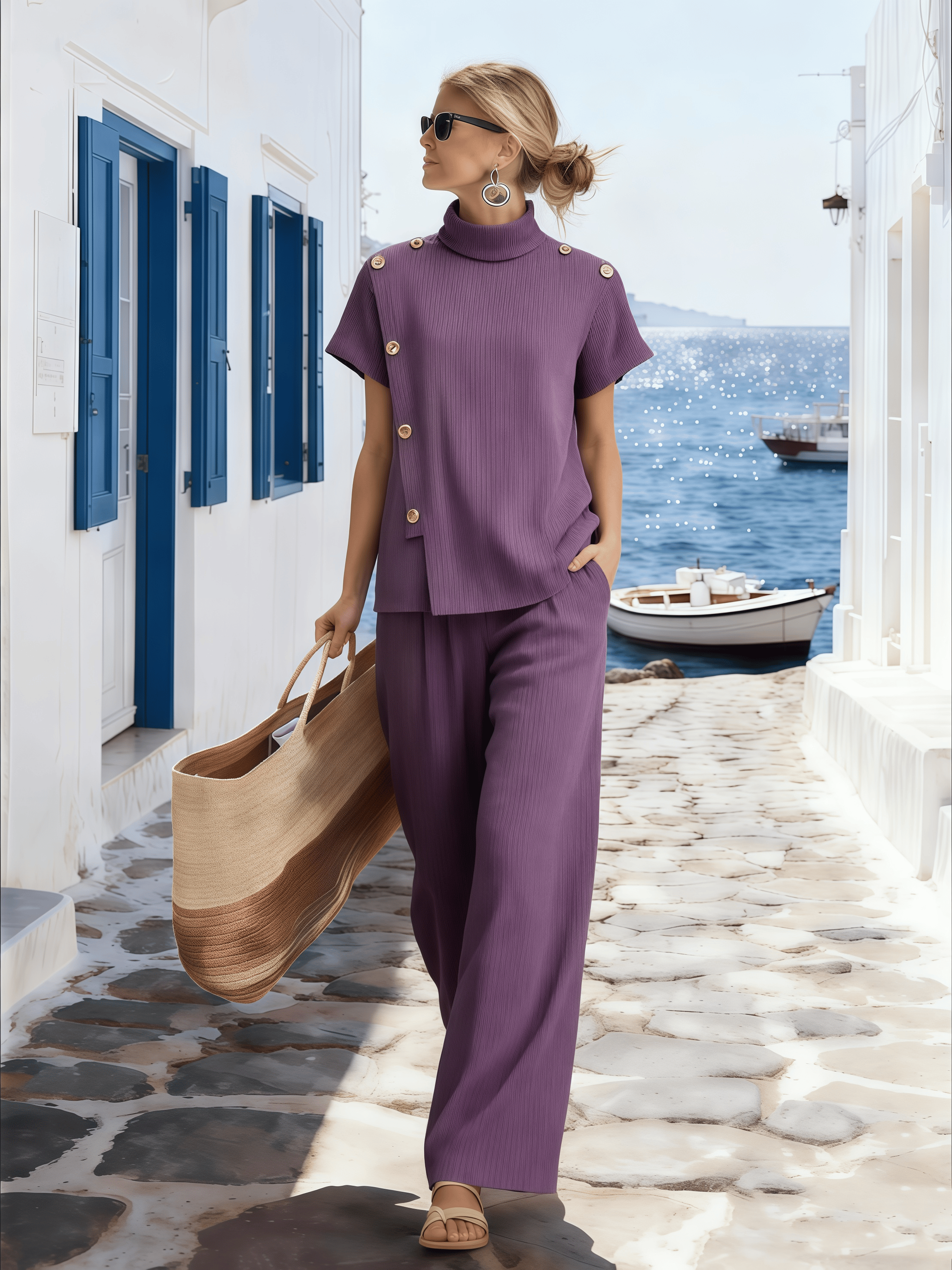Women's Round Neck Button-Up Short-Sleeved Suit